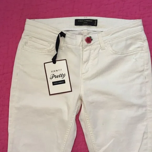 Dolce & Gabbana White Jeans with Pink Rose button, US2 - Picture 2 of 9